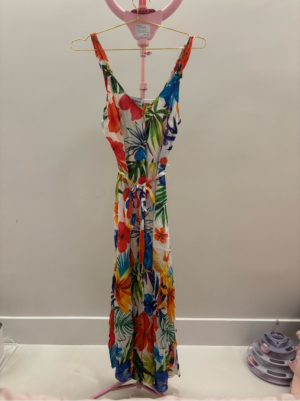 Desigual Floral Tie-Waist Maxi Dress in White, Red, Green, Blue